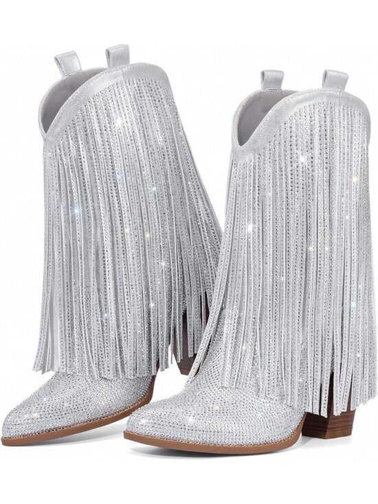 Shoes - Women Shiny Silver Knit Sparkly Rhinestone Cowgirl Pointed Toe Heel Boot